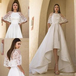 Oksana Mukha Beach Wedding Dresses With Wraps A Line Halter Lace Up Sleeveless Satin High Low Bridal Gowns Plus Size robe de marie324y