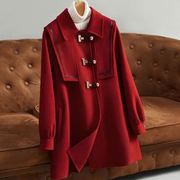 Womens Wool Blends Autumn Winter Women Reversible Cashmere Coat Female MidLength Sailor Collar Design Woollen Outwear Loose Casual Outcoat 230914