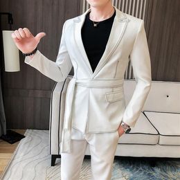 Spring Suit Men Single Button Mens Slim Fit Suits With Pant Casual Stage Wedding Dress Belt Prom Tuxedo Costume Homme263H
