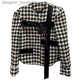 Womens Down Parkas Womens Jackets 2021 Autumn Winter Laceup Bow Houndstooth Tweed Quilted Short Coat Women Round Neck Long Sleeve Woolen Jacket Top Outerwear L23091