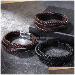 Charm Bracelets New Classic Mti Layer Leather Bracelet For Men Vintage Braided Rope Wristband Magnetic Clasp Mens Fashion Jewellery Gift Dhovb