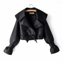 Women's Leather 2023 Autumn Women Pu Jackets Short Coat Turndown Collar Belt Lace-up Motorcycle Black Punk Red Overcoat Female Outwear