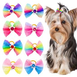 Dog Apparel 1020pcs Ranbow Style Pet Hair Bows with Diomand Pearl Colourful Decorate Bowknot Gift for Small Cat Supplies 230914