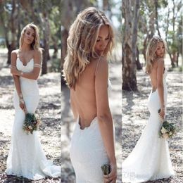 Country Sexy Backless Trumpet A Line Wedding Dresses Spaghetti Strap Full Lace Wedding Dress Cheap Mermaid Sweep Open Back BOHO Br277C