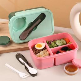 Dinnerware 3 Grids Lunch Box With Fork Spoon Sauce Cutlery Holder Leakproof School Students Bento Container Kitchen Merendeira