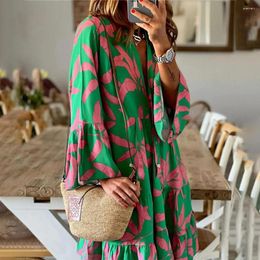 Casual Dresses Women Boho Dress Green Pink Flowers V Neck Long Trumpet Sleeved Maxi Button Down Loose Holiday Beach Vestido