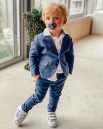 Men's Suits Blazer Sets For Little Boys Blue Linen Two Button Custome Kids Suit Tuxedo 2 Pieces Children'S Ceremony Costume (Jacket Pants)