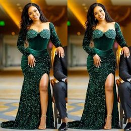 Emerald Green Women Evening Dresses Mermaid 2024 Sparkly Long Sleeves Sequins Formal Night Party Prom Gowns Plus Size Black Girl