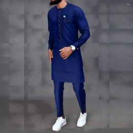 Men's Tracksuits Africa Men Suit For Wedding Long Sleeves Tops Pants Set National Style Embroidered Round Neck Blue Two-piece