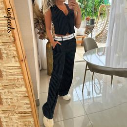 Women s Tracksuits Wefads Two Piece Set For Women Casual V Neck Sleeveless Strip Printed Single Breast Button Top Straight Pants Sets Streetwear 230915
