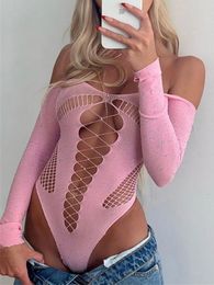 Women s Jumpsuits Rompers Tossy Pink Lace Bodysuit Tops For Women Off Shoulder Hollow Out Mesh Sheer Body Top Female Backless Nightclub Lingerie 230915