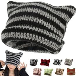 Beanie/Skull Caps Y2K Japanese Streetwear Harajuku Beanie Hat Little Devil Striped Knitted Hat ForWomen Girls Autumn Winter Cute Cat Ears Cap 230914