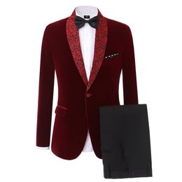 Dark Red Velvet Groom Tuxedos Shawl Lape Centre Vent Men Wedding Suit Great Quality Men Formal Business Prom Dinner BlazerJacket 284E