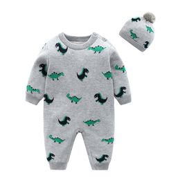 New style cotton autumn and winter baby Grey dinosaur plus velvet long-sleeved jumpsuit + hat newborn baby clothes