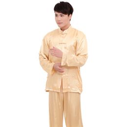 Plus Size XXXL Chinese Style Men's Satin Pyjamas Set Vintage Button Pyjamas Suit Long Sleeve Sleepwear Shirt&Pant Nightwear W258P