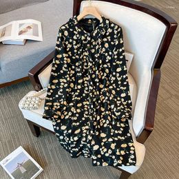 Casual Dresses Large Size Women's Bust 150 Spring Autumn Loose Long-Sleeved Lapel Floral Shirt-Dress Black 5XL 6XL 7XL 8XL 9XL 150Kg