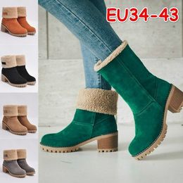 Black flock with plush snow boots warm lamb wool short tube women riding booties creepers thick heels student casual boots shoes Size 35-43