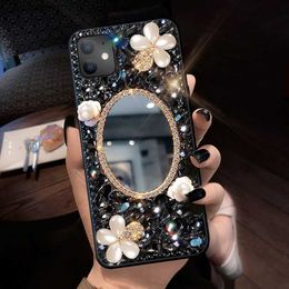 Cell Phone Cases 15 promax phone case rhinestone makeup mirror iPhone 14 black flower x full pack 13 protective case Q230915