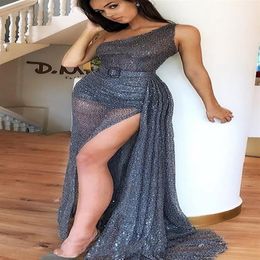 Mermaid Evening Dress One Shoulder Sequin Formal Dress Party Gown robe de soiree Side Split Mermaid Prom Gowns176w