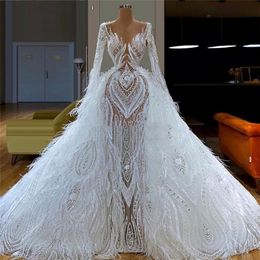 Weiße Federn, bauschige Abendkleider für die Hochzeit, arabische Robe De Soiree Couture, Aibye-Hochzeitskleid, Kaftane, Festzugskleider, Dubai220r