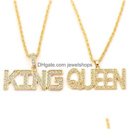 Pendant Necklaces Hip Hop Her King And His Queen Couple For Women Men Iced Out Letter Gold Chains Hiphop Rapper Jewellery Gift Drop Deli Dhy0B