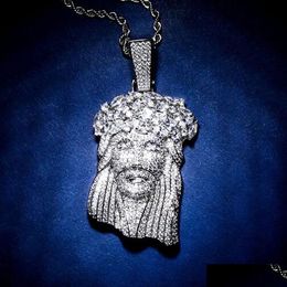 Mens Jesus Christ Pendant Necklace Hip Hop Iced Bling Copper Large Size 14K Micro Pave Cubic Zirconia Simated Diamonds Drop Delivery