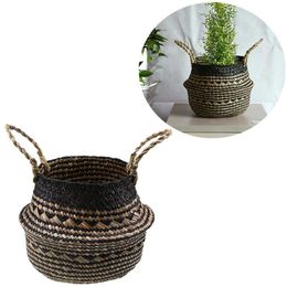 Handmade Bamboo Woven Flower Basket Black Grid Straw Wicker Dirty Laundry Organiser Foldable Seagrass Storage Baskets Plant Pot319a