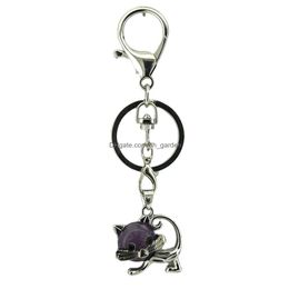 Key Rings Factory Direct Sale Stainless Steel Cat Keychain Mtiple Natural Crystal Gemstone Cute Pendant With Metal Chain Dro Dhgarden Dhwsz