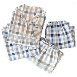 Women's Sleepwear Simple Style Men And Women Plaid Homewear Lovers Full Sleeve Pyjamas Set Coup;es Comfort Gauze Cotton For Spring