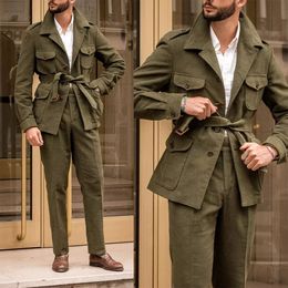 Men's Suits Blazers Green Wool Hunting Coat with Belt Vintage Jacket Pants Casual Wear Suit Two Piece Set 230915