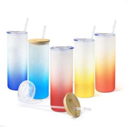 Water Bottles 16Oz 20Oz 25Oz Straight Sublimation Glass Tumbler Bottle With Bamboo Lid St Blank Frosted Gradient Colors Glasses Mug Pr Dhrwg
