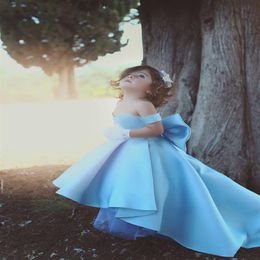 Baby Blue Flower Girls Dresses Off Shoulder Big Bow Hi-Lo Satin Simple Princess Girls Pageant Dress For Kids Toddler Dress Custom1854