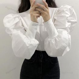 Women's Blouses Women Screw Thread Patchwork Hyperbole Large Puff Sleeve White Black Colour O-Neck Korean Sense Of Design Blouse Slim Plus