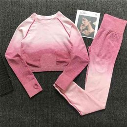 Women Seamless Yoga Set Gym High Waist Ombre Leggings T-Shirts Top Suit Long Sleeve Fitness Workout Sport Running Sportswear Set S248l