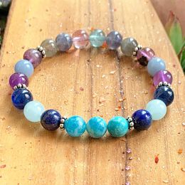 MG1003 Genuine Blue Apatite Chakra Bracelet Rainbow Fluorite Mala Bracelet Natural Aqua marine Lapis Lazuli Energy Bracelet2523