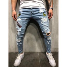 Men Stretchy Jeans Ripped Skinny Biker Jeans Destroyed Taped Slim Denim Pants CA240t