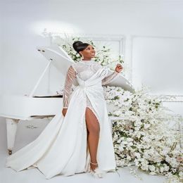 plus size arabic aso ebi sparkly beaded sexy wedding dresses high split bridal dresses long sleeves satin wedding gowns zj05332037