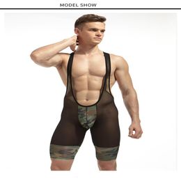Fashion Mens Transparent Mesh Bodysuit Novelty Camouflage Printing Splice Jumpsuit Sexy Male Bondage Lingerie Underwear256i
