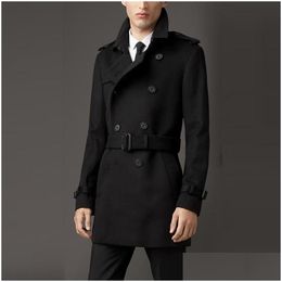 Mens Wool Blends Fashion Double Breasted Mid Long Trench Coat Business Man Belted Slim Fit Woollen Military Windbreaker Drop Delivery A Dhqv8
