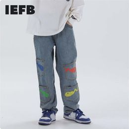 IEFB men's wear hip hop black jeans New fashion Male's tadpole printed multi-pocket casual denim pants high street 9Y321860