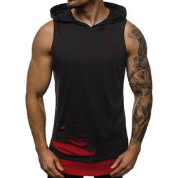 Men Hooded Tank Top Gym Sport Vest Hip Hop Hoodies Sleeveless Shirts 2Layer Fitness Singlet Ripped Hole Camiseta Tirantes Hombre290S