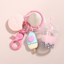 Keychains Lanyards Cute Keychains Icecream Bubble Tea Biscuit Pink Key Rings Friendship For Friend Women Girl Handbag Gift Jewellery 230915