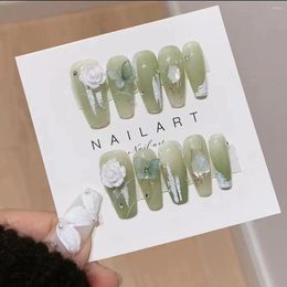 False Nails 10pcs Wearable Gradient Green Press On Long Coffin Acrylic Fake With Designs Camellia Korean Handmade