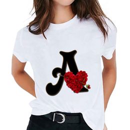 Short Sleeve Women's T shirt Custom Name Letter Combination Printing T shirt Flower Letter Font A B C D E F G Ladies T-Shirt