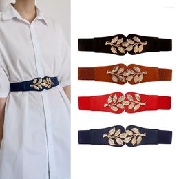 Belts Women Elastic Wide Belt Gold Color Leaf Metal Buckle Waistband For Female Lady Dress Coat PU Leather Decor Waist Strap