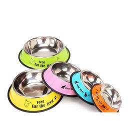 Dog Bowls Feeders Candy Color Cartoon Stainless Steel Bowl Pet Cat Dogs Food Water Feed Supply Drop Ship Delivery Home Garden Supplies Dh9Qg