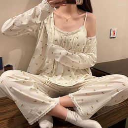 Women's Sleepwear 3PCS Slip Pajamas Suit For Women Lace Floral Sexy Camisole With Cardigan Long-Sleeve Pants Nightgown Lady Home Clothes