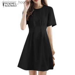 Basic Casual Dresses ZANZEA Women Korean Elegant O Neck Short Sleeve A Line Slim Knee-Length Dress L230916