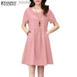 Basic Casual Dresses ZANZEA Women Korean Daily Short Sleeve O-Neck Pleated Side Pockets Dress L230916