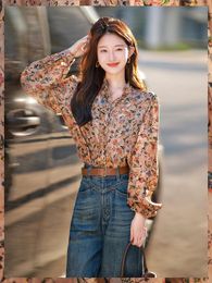 T-shirt da donna Camicetta di seta Camicia a maniche lunghe monopetto con colletto alla coreana 2023 Abbigliamento moda